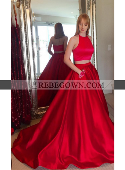 Charming Red Satin Two Pieces Ball Gown 2023 Prom Dresses