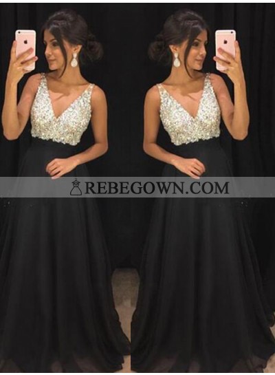 Cheap A-Line Chiffon Black Beaded 2023 Prom Dresses