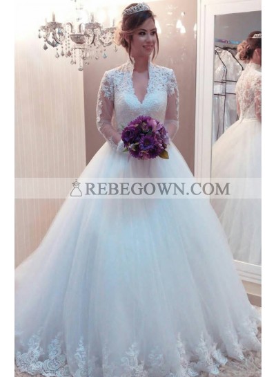 Elegant Ball Gown V Neck Long Sleeves Tulle 2023 Wedding Dresses With Appliques