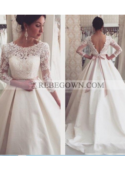 2023 A Line Backless Satin Long Sleeves Bowknot Wedding Dresses