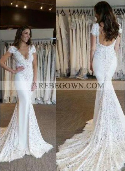 Sexy Mermaid  Lace Capped Sleeves 2023 Backless Wedding Dresses