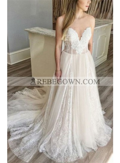 2023 New A Line Sweetheart Lace Over Tulle Wedding Dresses