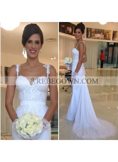 2023 Cheap Sheath Satin Over Lace Sweetheart With Spaghetti Straps Wedding Dresses