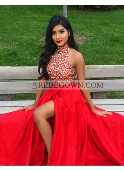 2023 Siren Princess/A-Line Two Pieces Red Beaded Prom Dresses