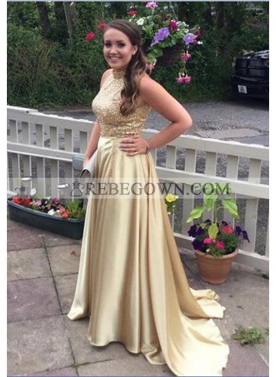 2023 Charming Princess/A-Line Satin Gold Prom Dresses