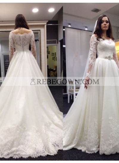 2023 Newly A Line Lace Long Sleeves With Beaded Belt  Long Wedding Dresses