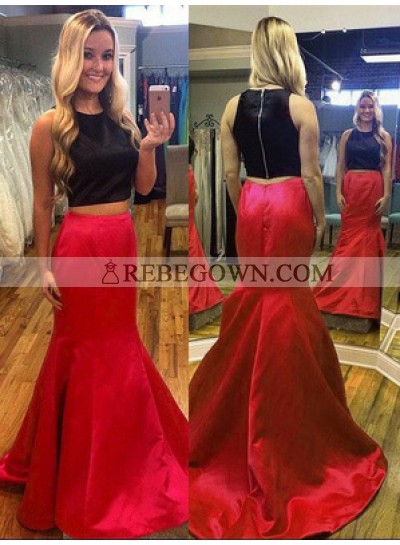 2023 Red And Black Trumpet/Mermaid  Satin Two Pieces Prom Dresses