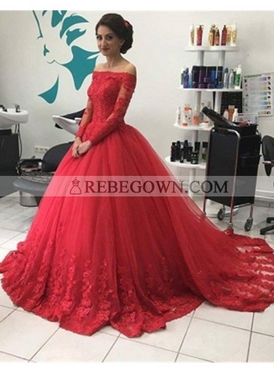2023 Gorgeous Red Long Sleeve Off-the-Shoulder Lace Natural Ball Gown Tulle Prom Dresses