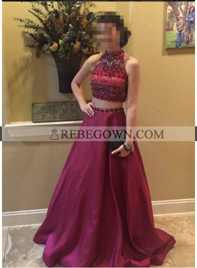 A-Line Satin Burgundy 2023 Two Pieces Prom Dresses