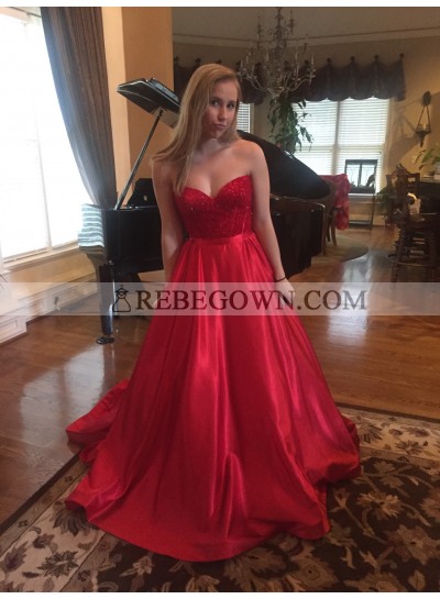 A-Line Red Satin Sweetheart 2023 Prom Dresses Cheap