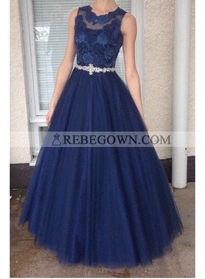 2023 A-Line Tulle Dark Navy Prom Dresses With Appliques