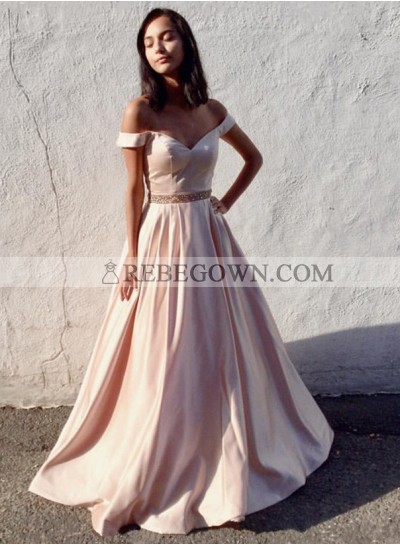 Charming A-Line Satin Off The Shoulder Blushing Pink 2023 Prom Dresses