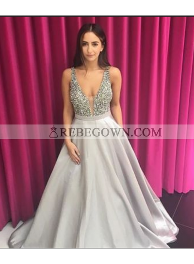 2023 New Satin Silver A-Line V Prom Dresses