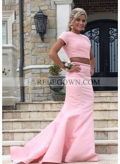 Trumpet/Mermaid  Pink Two Pieces 2023 Prom Dresses With Short Sleeves