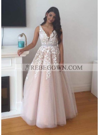 2023 Newly A-Line Tulle Pearl Pink Prom Dresses With Appliques