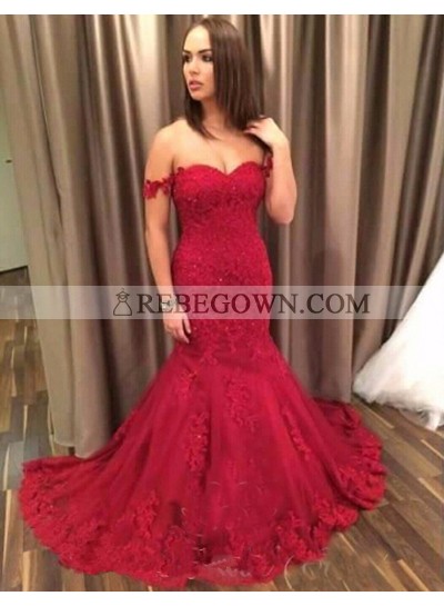 Sexy Trumpet/Mermaid  2023 Sweetheart Red Lace Prom Dresses