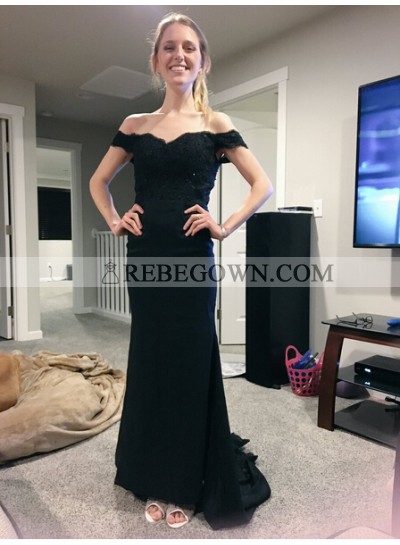 Elegant Sheath Satin Off The Shoulder 2023 Black Prom Dresses