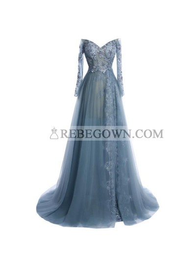A-Line Tulle Long Sleeves Sweetheart 2023 Prom Dresses