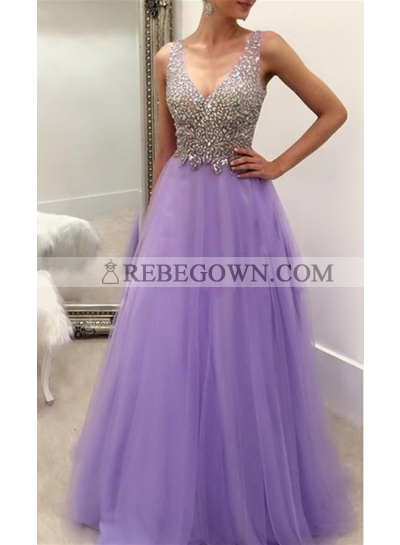 2023 Elegant A-Line Tulle V Neck Beaded Prom Dresses