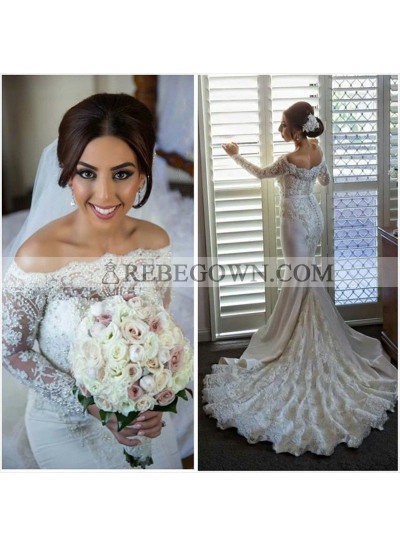 2023 Sexy Mermaid  Off The Shoulder Lace Long Train Wedding Dresses