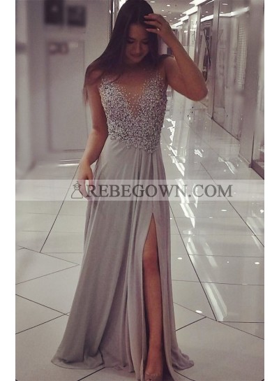 A-Line Chiffon Silver Beaded 2023 Prom Dresses