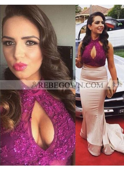 Appliques High Neck Sweep/Brush Train Satin Lilac Prom Dresses