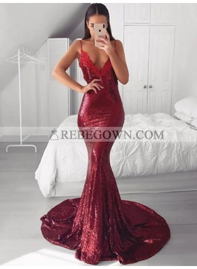 2023 Mermaid Burgundy Sequence Backless Spaghetti Straps Long Prom Dresses
