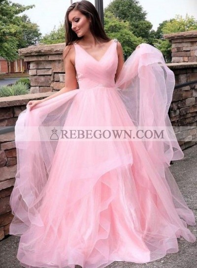 V Neck Pink A Line Beaded Ruffles Long Tulle Prom Dresses