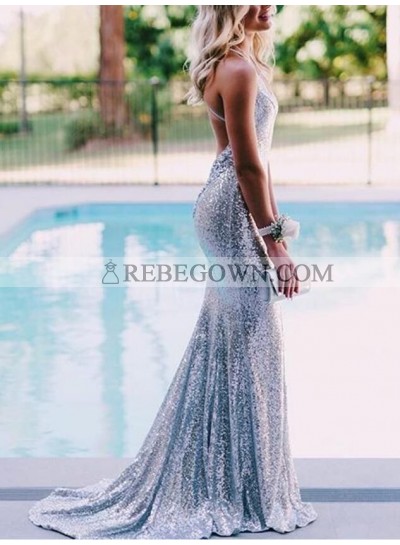 Sweetheart Sequence Sheath Halter Long Silver Prom Dresses