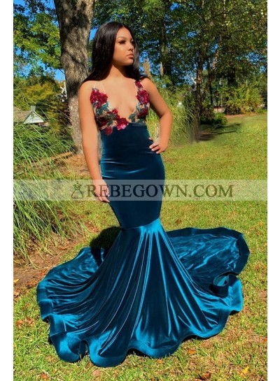 Blue Backless Embroidery Mermaid Deep V Neck Prom Dresses