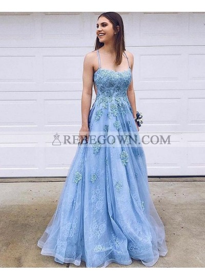 Long A Line Blue Sweetheart Tulle Lace Prom Dresses