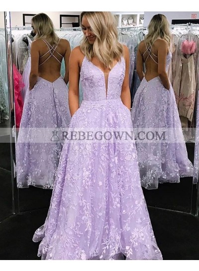 Long Lilac A Line Tulle Sweetheart Lace Prom Dresses