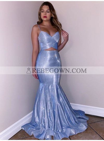 Two Pieces Blue Mermaid Lace Up Backless Sweetheart Prom Dresses