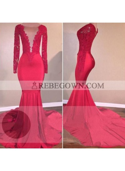 Long Red Lace Open Front Long Sleeves Mermaid Prom Dresses