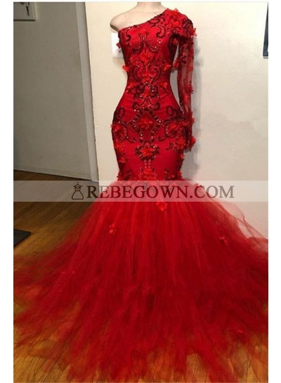Long Sleeves Mermaid Tulle Beaded Long Red Prom Dresses