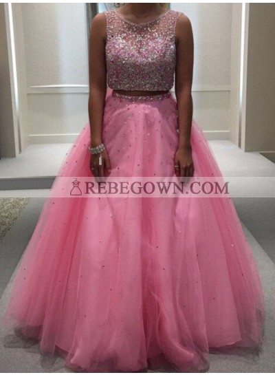Beading Ball Gown Tulle Two Pieces 2023 Glamorous Pink Prom Dresses