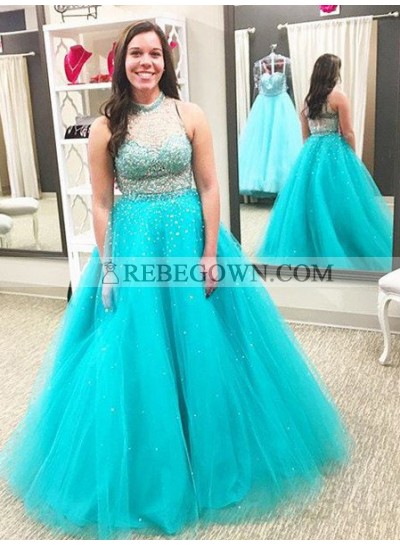 rebe gown 2023 Blue Beading High Neck Ball Gown Tulle Prom Dresses