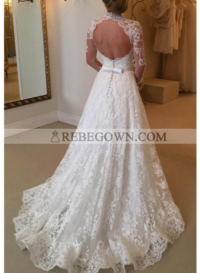 Lace Court Train A-Line Long Sleeve Sweetheart Covered Button Wedding Dresses / Gowns With Appliqued Waistband
