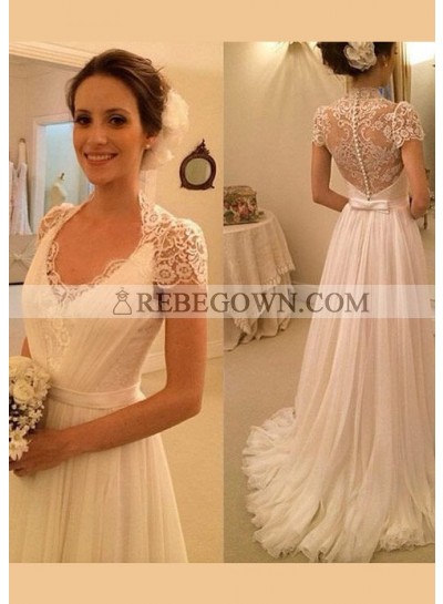 Chiffon Floor-Length A-Line Short Sleeve Bateau Covered Button Wedding Dresses / Gowns With Appliqued