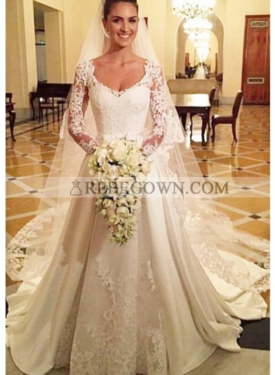 Satin Court Train A-Line Long Sleeve Bateau Covered Button Wedding Dresses / Gowns With Appliqued