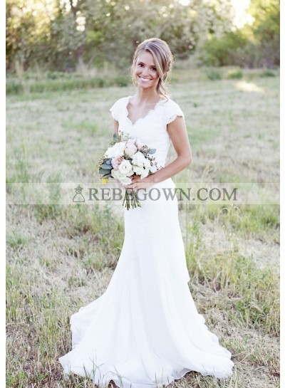 Chiffon Sweep Train Sheath/Column Sleeveless V-Neck Covered Button Wedding Dresses / Gowns With Appliqued