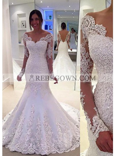 Lace Sweep Train Trumpet/Mermaid  Long Sleeve Sweetheart Covered Button Wedding Dresses / Gowns With Appliqued
