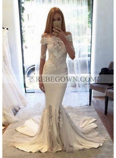 Chiffon Wedding Dresses / Gowns A-Line Off-The-Shoulder Court Train With Appliqued