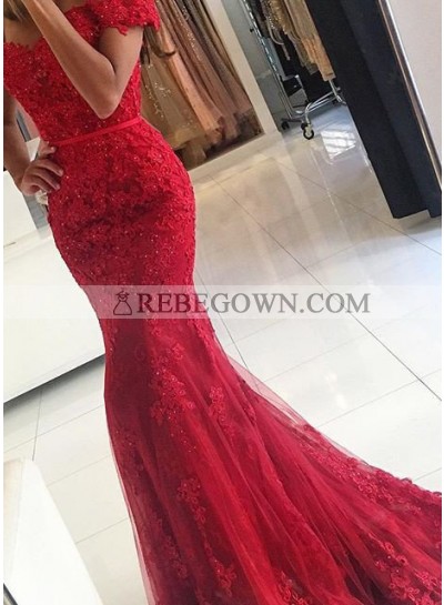 2023 Gorgeous Red Sexy Appliques Mermaid Tulle Prom Dresses