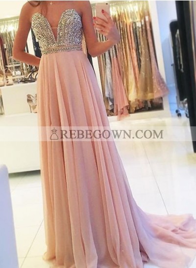 Beading Sweetheart A-Line Chiffon 2023 Glamorous Pink Prom Dresses