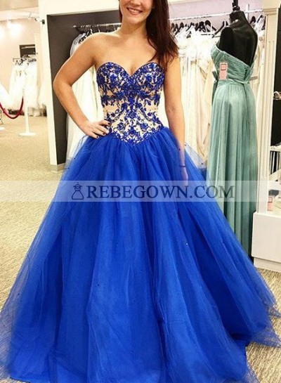 Royal Blue Prom Dresses Sweetheart Appliques A-Line Tulle