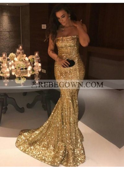 2023 Gorgeous Gold Sequins Mermaid  Prom Dresses