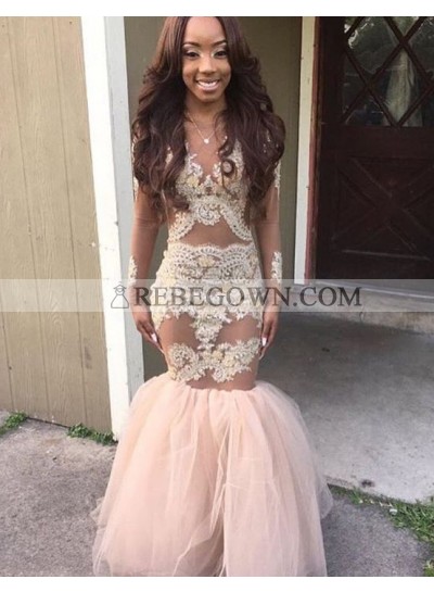 2023 Champagne Appliques Long Sleeves Tulle Mermaid  Prom Dresses