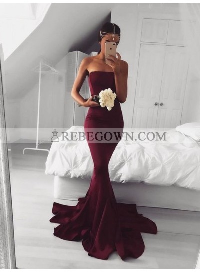 2023 Strapless Burgundy Mermaid  Prom Dresses