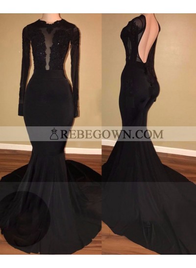 2023 Unique Black Long Sleeves Mermaid  Backless Prom Dresses